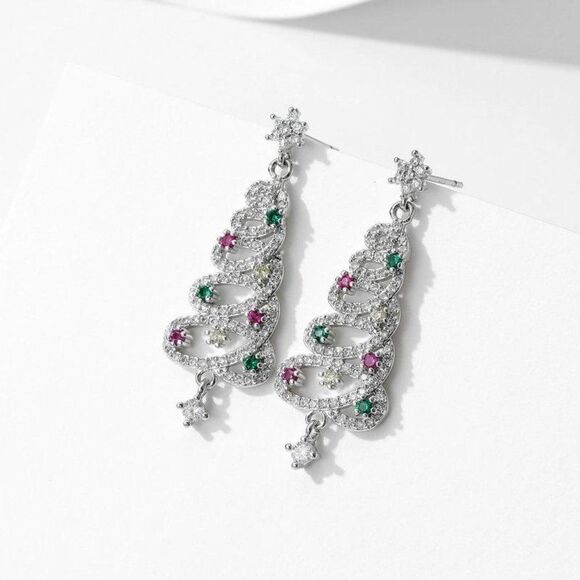 Festive‎ Holiday Christmas Tree Rhinestone Silver Earrings - Picture 4 of 4